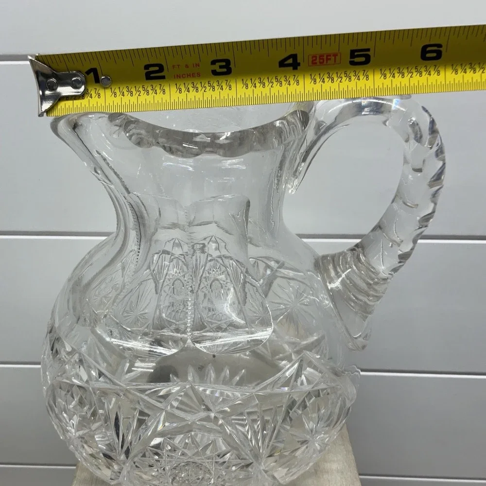 Vintage American Brilliant Style Cut Glass Pitcher Starburst Diamond Clear 8in
